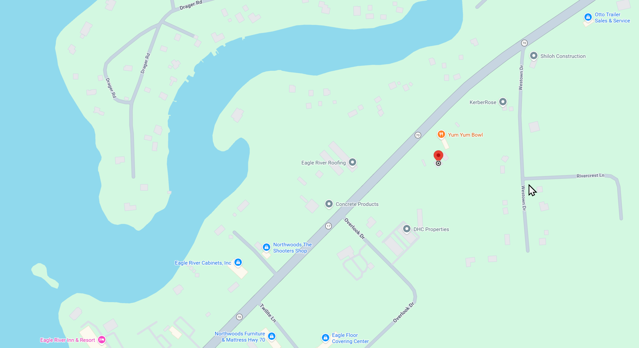 Map location of Kenny's Elite Auto Detail and Tinting shop in Eagle River, Wisconsin.